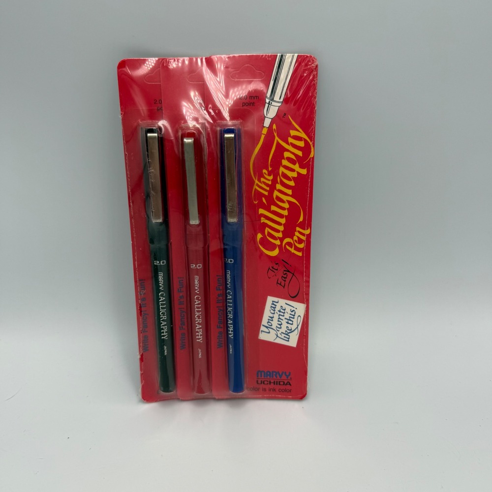 Marvy Uchida Calligraphy Pen 3 Pack 2.0mm Black Red Blue Made in Japan Vintage